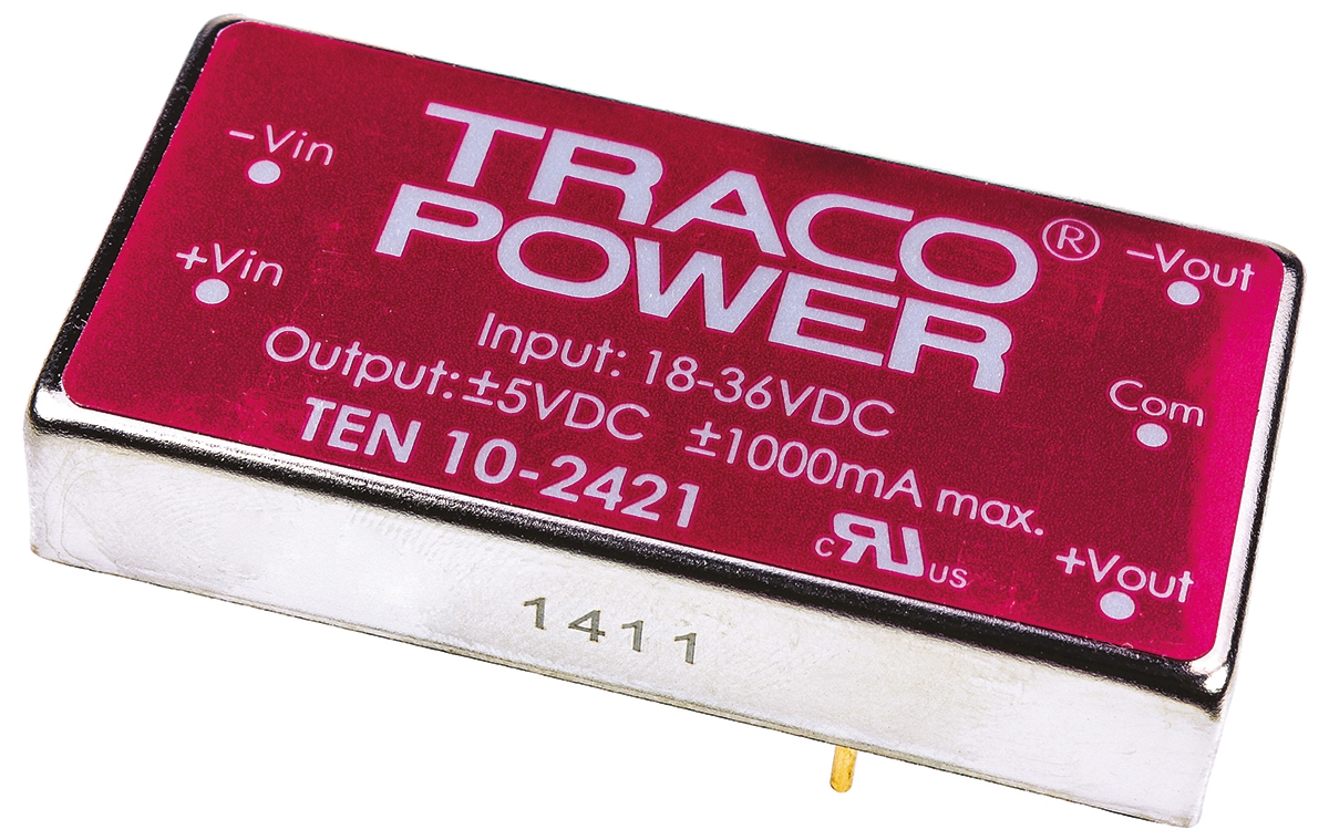 TRACOPOWER TEN 10 DC-DC Converter, ±5V dc/ ±1A Output, 18 → 36 V dc Input, 10W, Through Hole, +85°C Max Temp