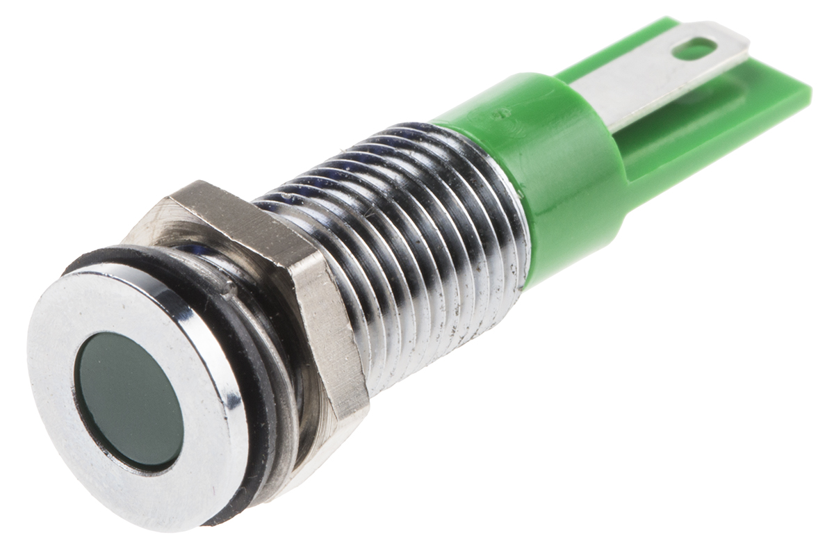 RS PRO Green Panel Mount Indicator, 24V dc, 8mm Mounting Hole Size, Faston, Solder Lug Termination, IP67