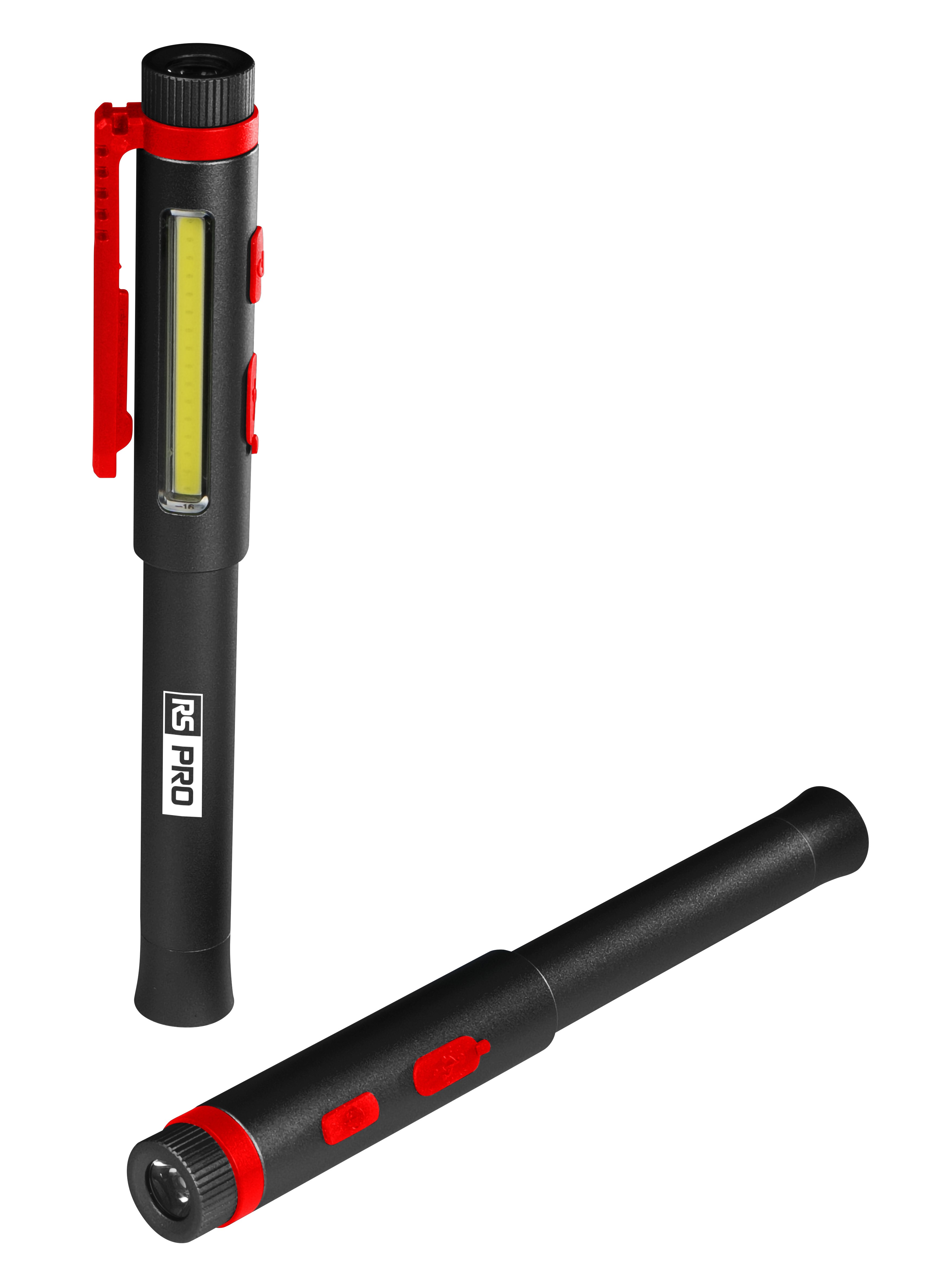 RS PRO LED Pen Torch Black, Red - Rechargeable 300 lm, 171 mm