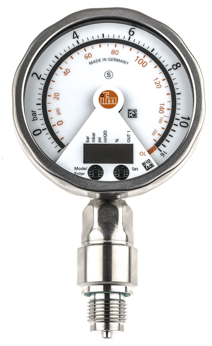 ifm electronic Pressure Sensor, -1bar Min, 10bar Max, Analogue + PNP-NO/NC Programmable Output, Relative Reading