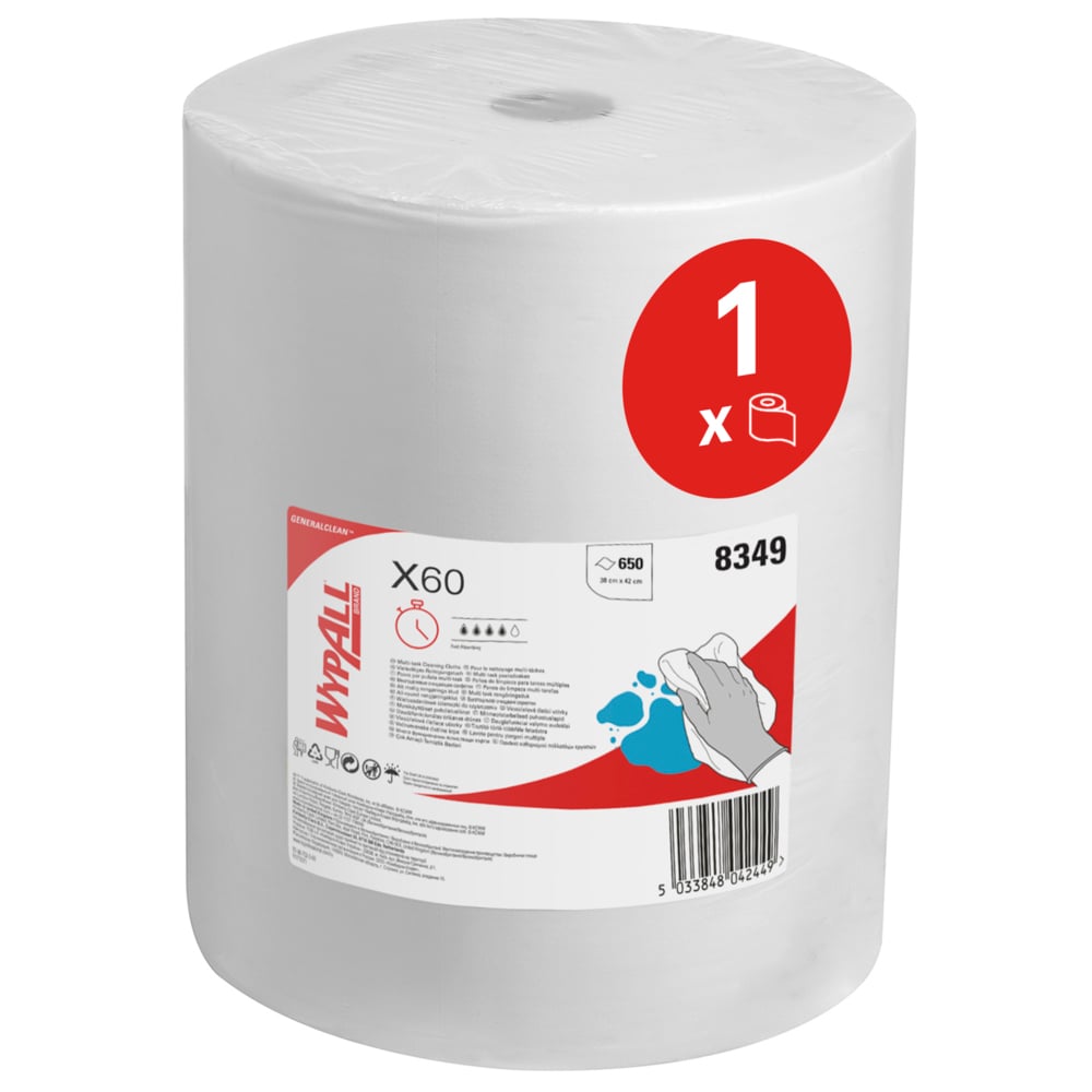 WYPALL X60 General Clean Multi-task Cleaning Cloths 8349 White Wipes for General Cleaning, Dry Use, Roll of 650, 385 x