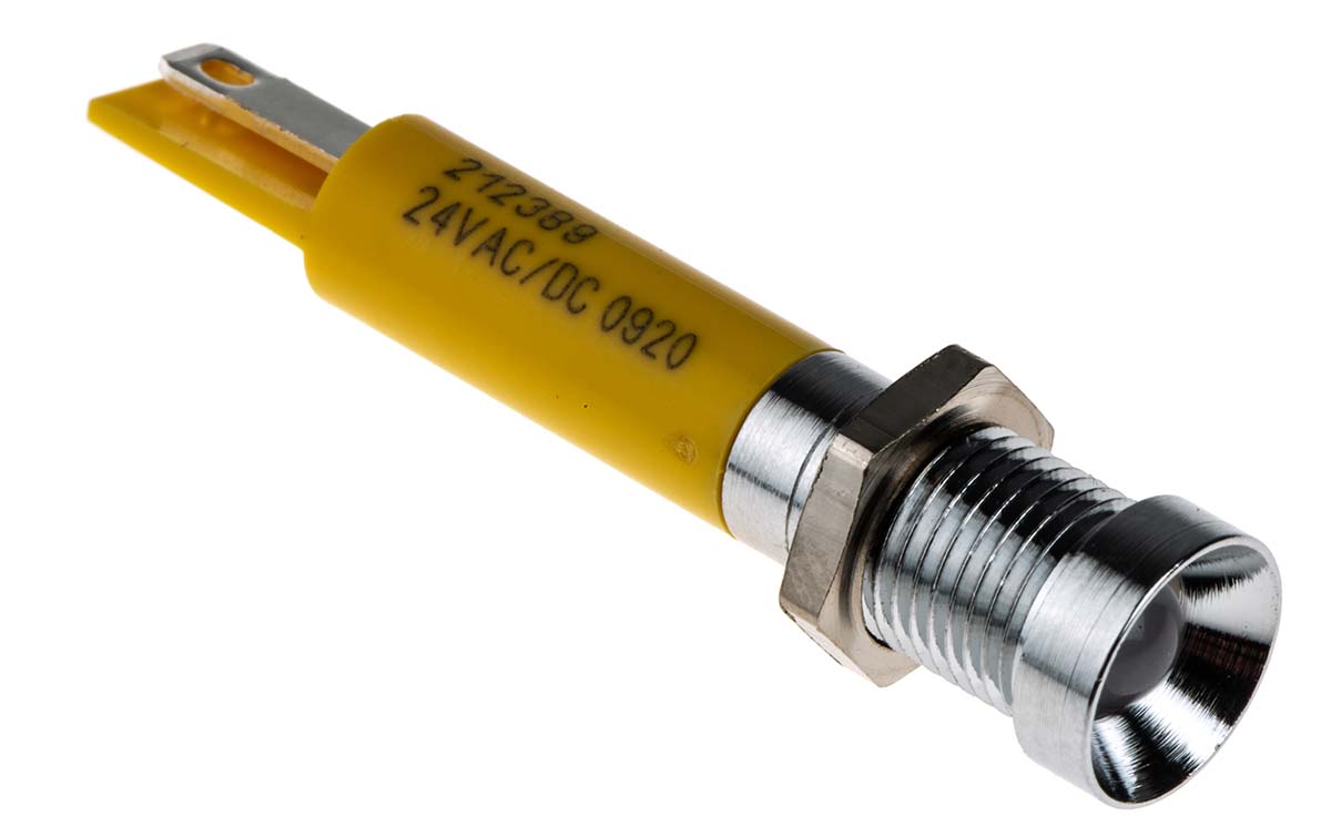 RS PRO Yellow Panel Mount Indicator, 24V dc, 8mm Mounting Hole Size, Solder Tab Termination