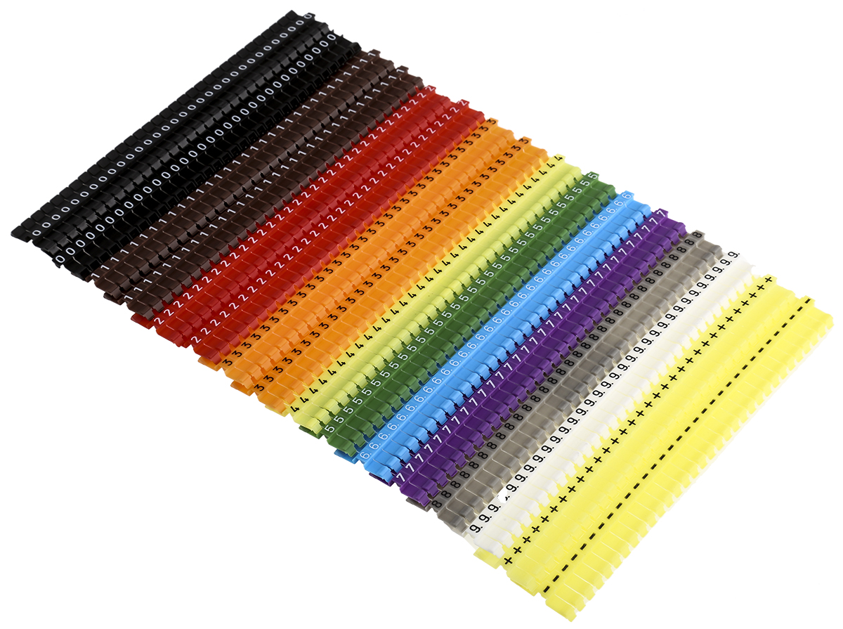 JLP PLIO®-CLIP Clip On Cable Markers, assorted colours, Pre-printed "-, +, 0 → 9", 2.2 → 3.6mm Cable,