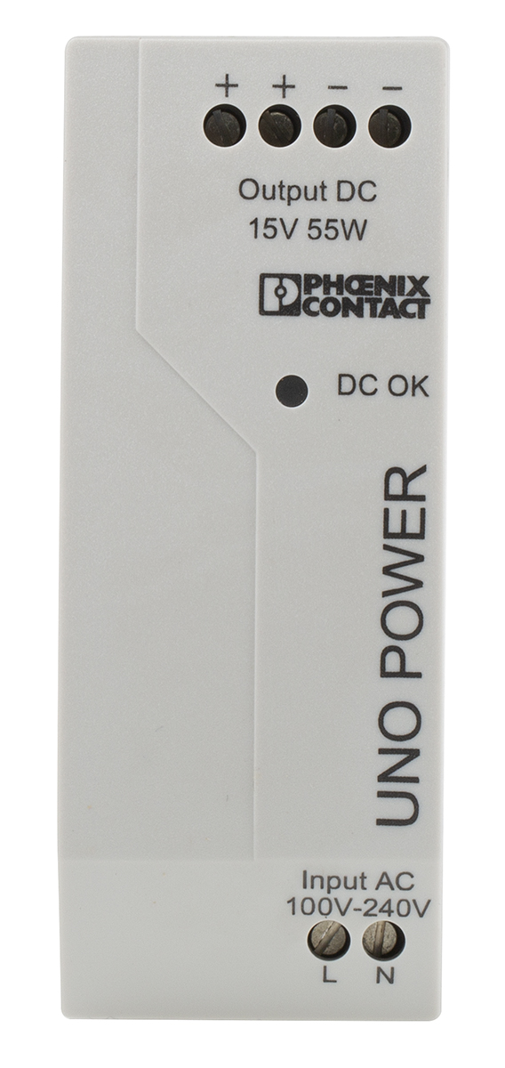 Phoenix Contact UNO POWER Switched Mode DIN Rail Power Supply, 85 → 264V ac ac Input, 15V dc dc Output, 3.7A