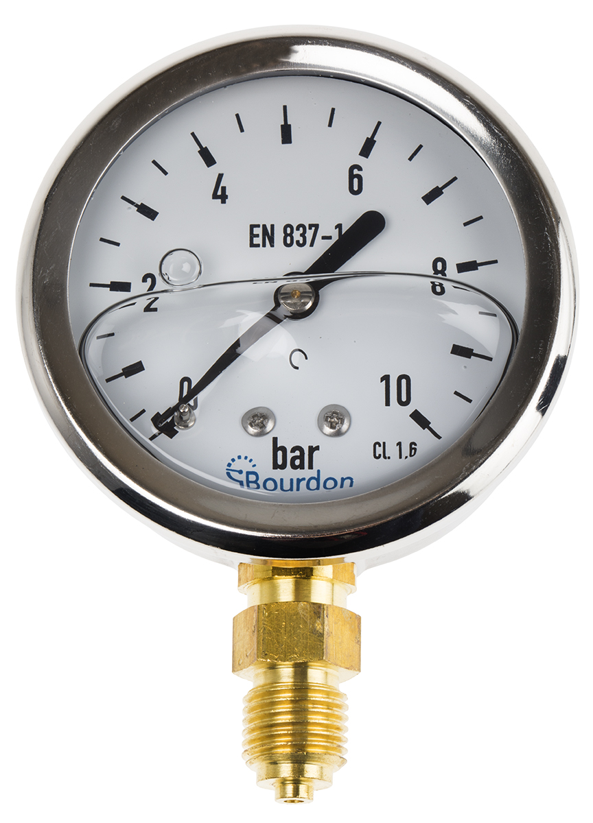 Bourdon G 1/4 Analogue Pressure Gauge 10bar Bottom Entry 63mm Outside Diameter, UKAS