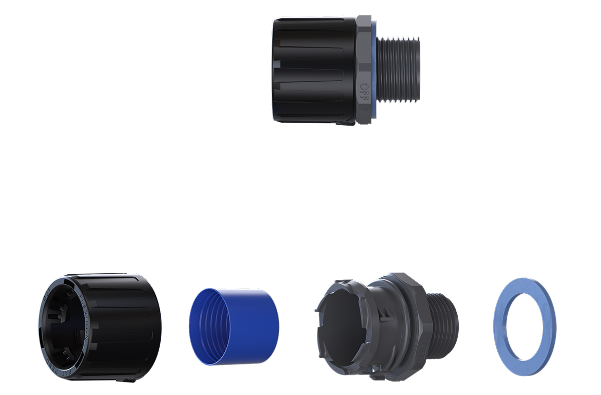 Flexicon Straight, Conduit Fitting, 42mm Nominal Size, M40, Nylon 66, Black, Grey IP66, IP67, IP68, IP69 rating