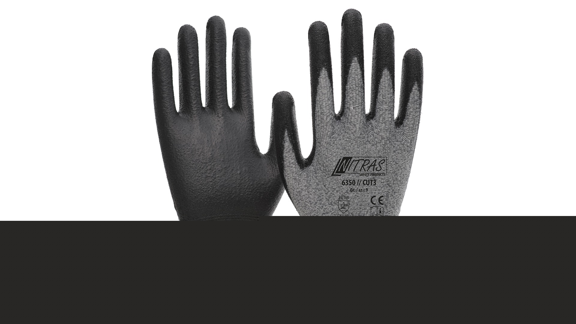 NITRAS SAFETY 6350/CUT3 Black, Grey Yarn Yarn Work Gloves, Size 11, Polyurethane Coating