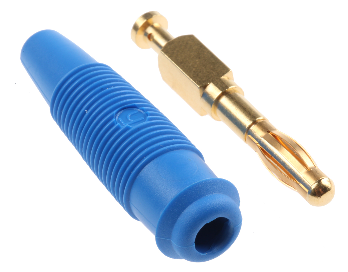 Hirschmann Test & Measurement Blue Male Banana Plug, 4 mm Connector, Solder Termination, 32A, 30 V ac, 60V dc, Gold