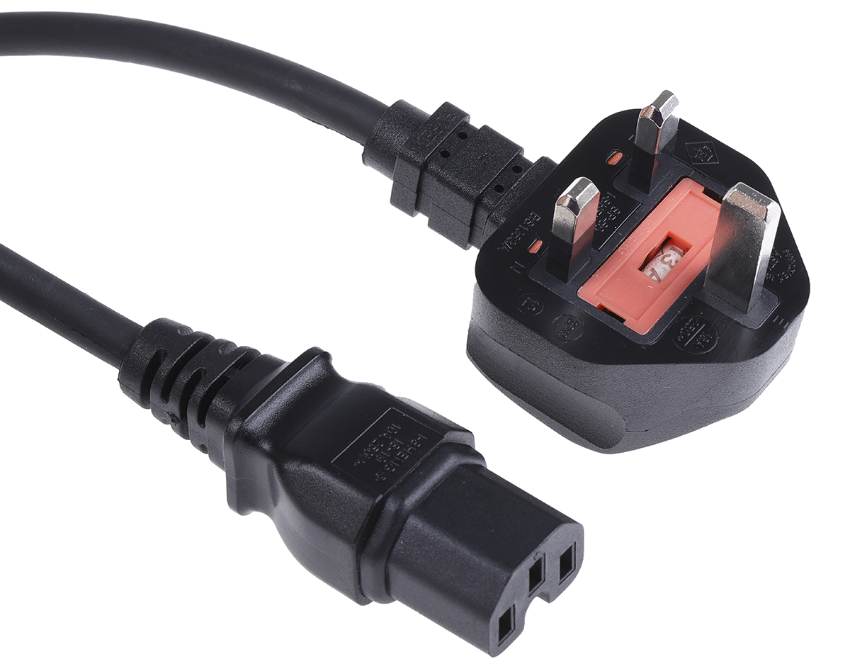 RS PRO Straight IEC C15 Socket to Right Angle Type G UK Plug Power Cord, 2m