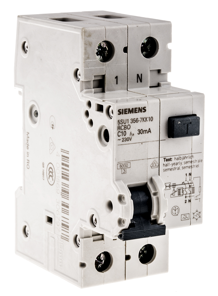 Siemens RCBO, 10A Current Rating, 1P+N Poles, 30mA Trip Sensitivity, Type C, Sentron Range