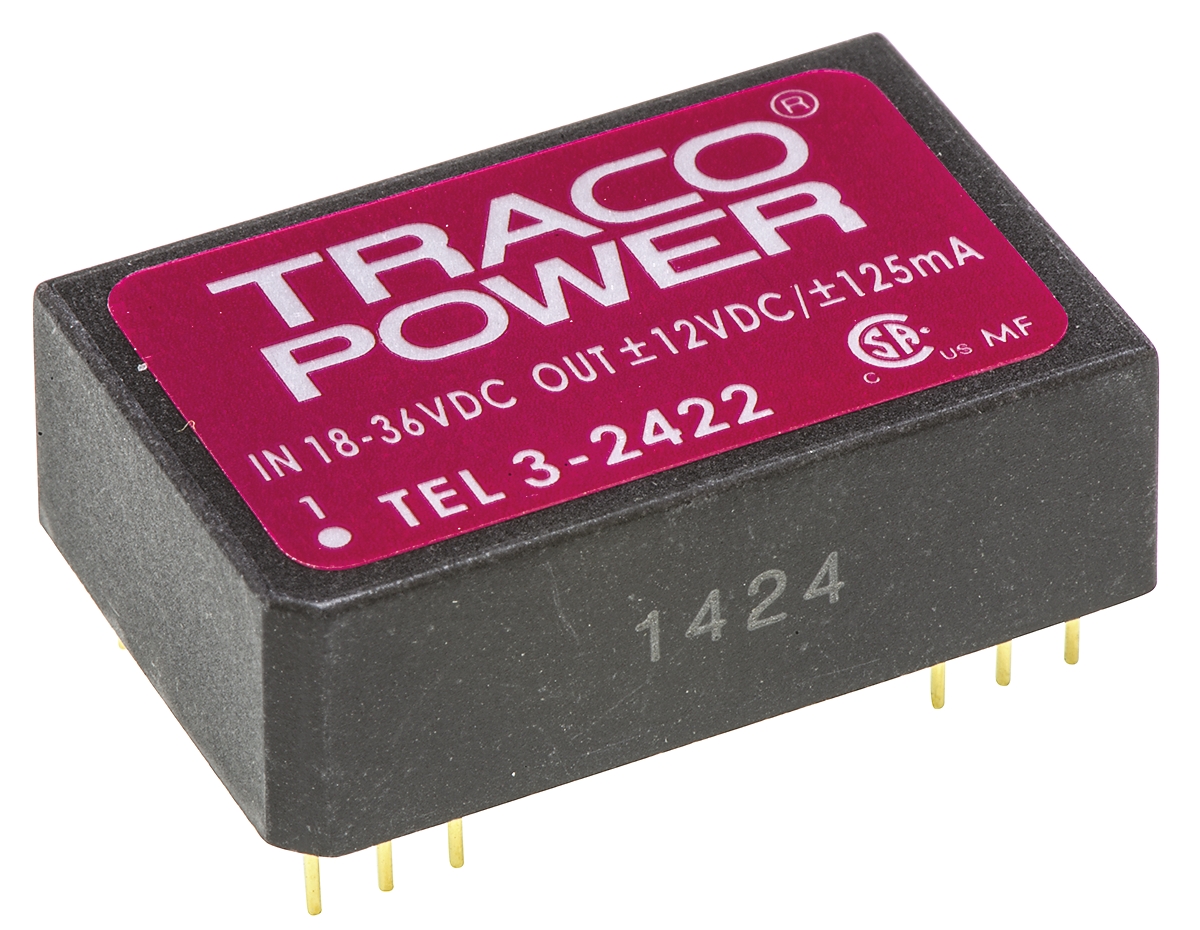TRACOPOWER TEL 3 DC-DC Converter, ±12V dc/ ±125mA Output, 18 → 36 V dc Input, 3W, Through Hole, +85°C Max Temp