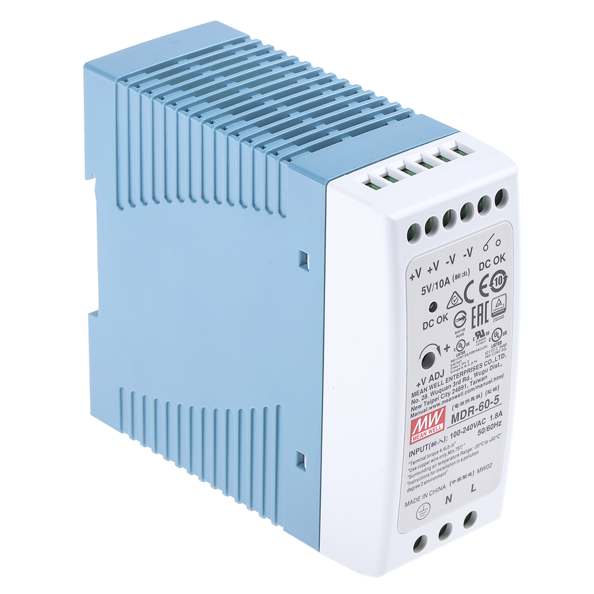 MEAN WELL MDR Switched Mode DIN Rail Power Supply, 85 → 264V ac ac Input, 5V dc dc Output, 10A Output, 60W