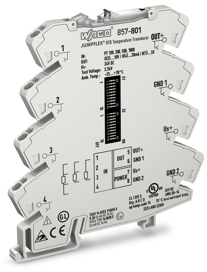 WAGO 857 Series Signal Conditioner, Temperature Input, Current, Voltage Output, 24V dc Supply