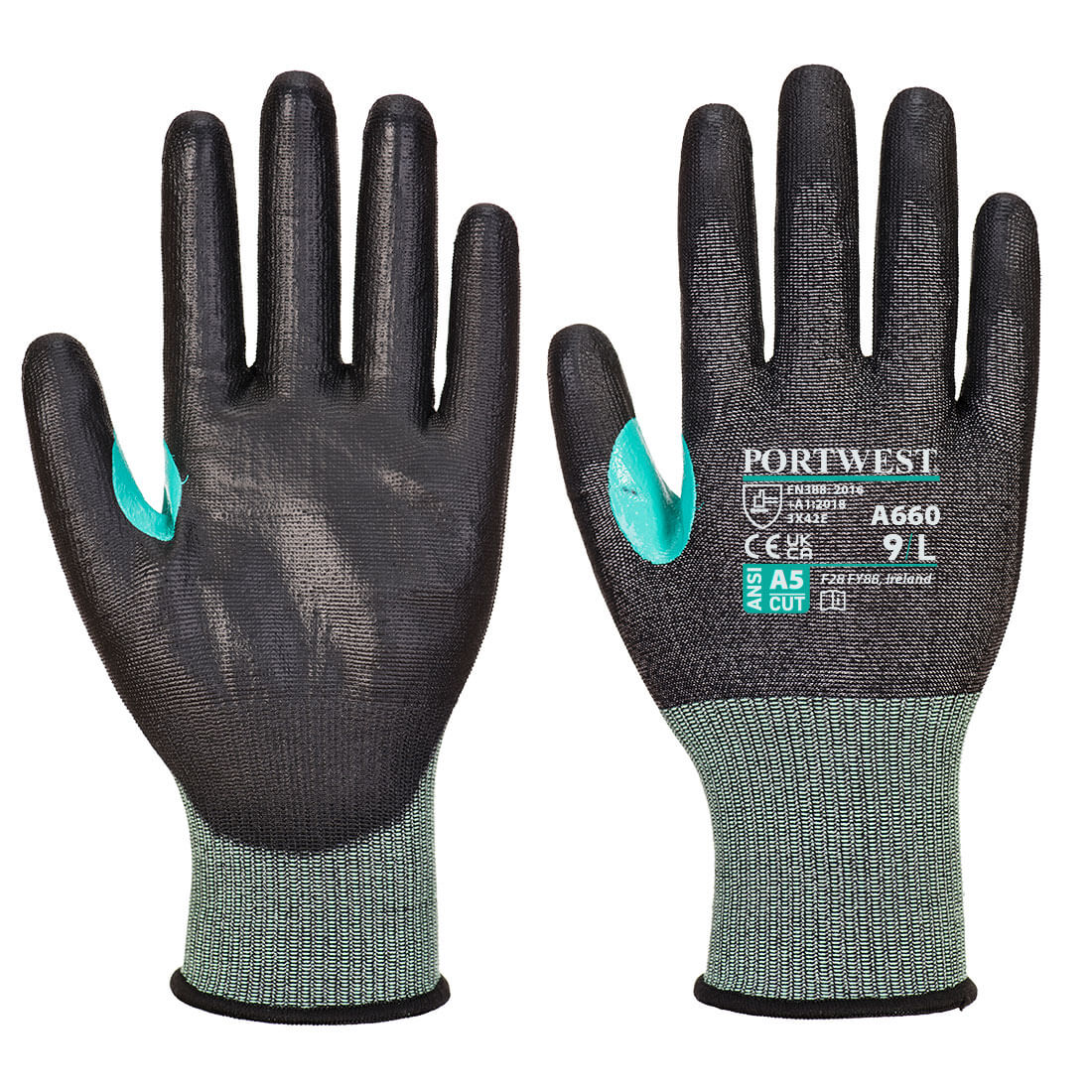 Portwest A660 - CS Cut E18 Black Elastane, Elastic, High Performance Polyethylene, Nylon, Steel Fibre Work Gloves, Size