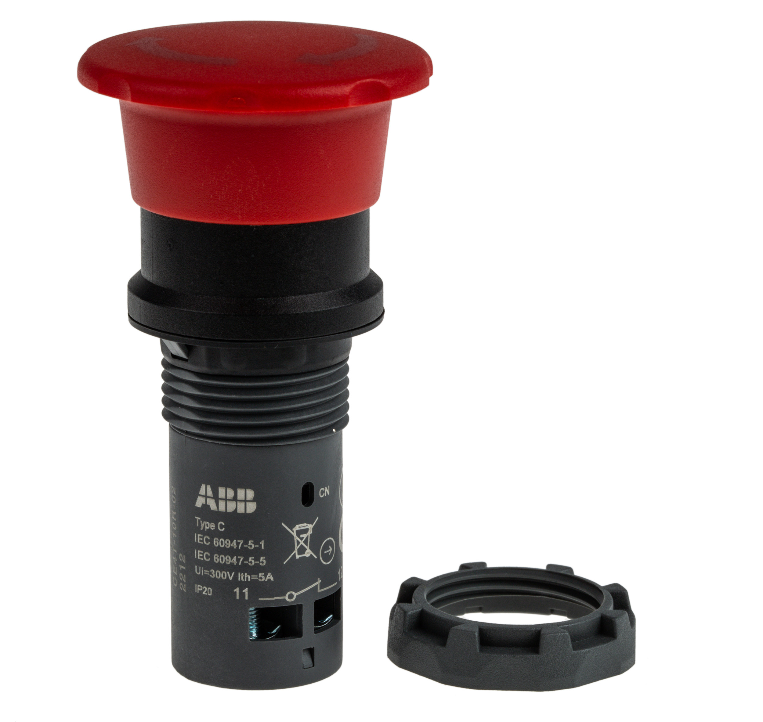 ABB CE4T Series Twist Release Emergency Stop Push Button, Panel Mount, 22.5mm Cutout, 2NC, IP66, IP67, IP69K