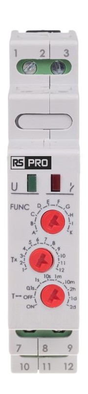 RS PRO DIN Rail Mount Timer Relay, 195 → 253V, 1-Contact, 0.1 s → 576h, 10-Function, 2NO/1NC