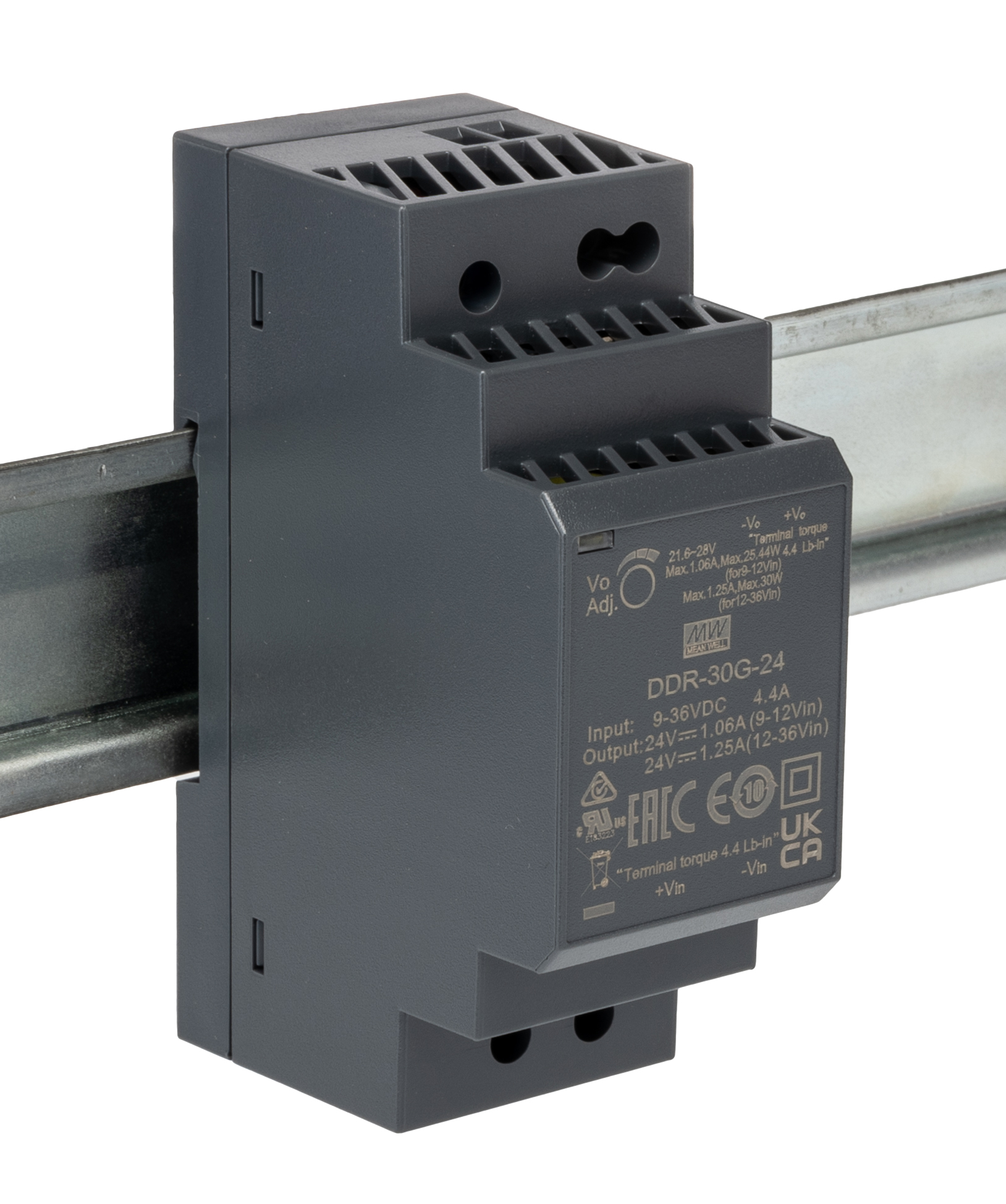 MEAN WELL DDR-30 DC-DC Converter, 24V dc/ 1.25A Output, 30W, DIN Rail Mount, +85°C Max Temp -40°C Min Temp