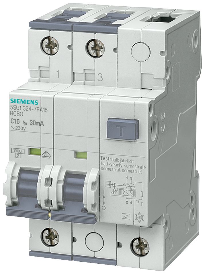 Siemens RCBO, 16A Current Rating, 2P Poles, 30mA Trip Sensitivity, Sentron Range