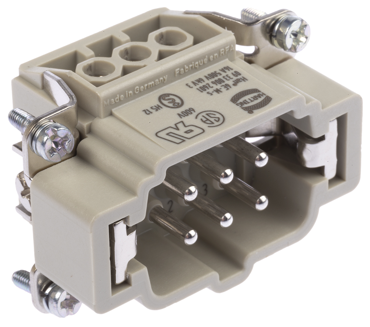 HARTING Heavy Duty Power Connector Insert, 16A, Male, Han E Series, 6 Contacts