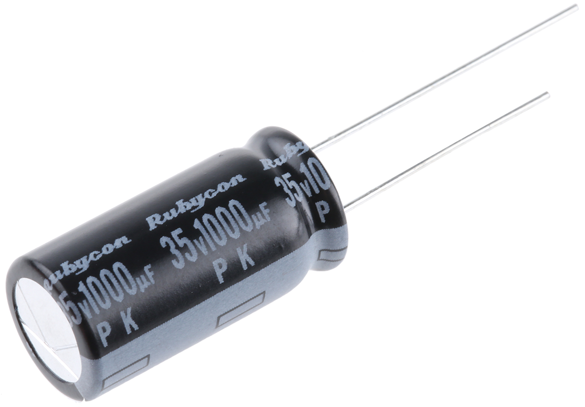 Rubycon 1000μF Aluminium Electrolytic Capacitor 35V dc, Radial, Through Hole - 35PK1000MEFC10X20