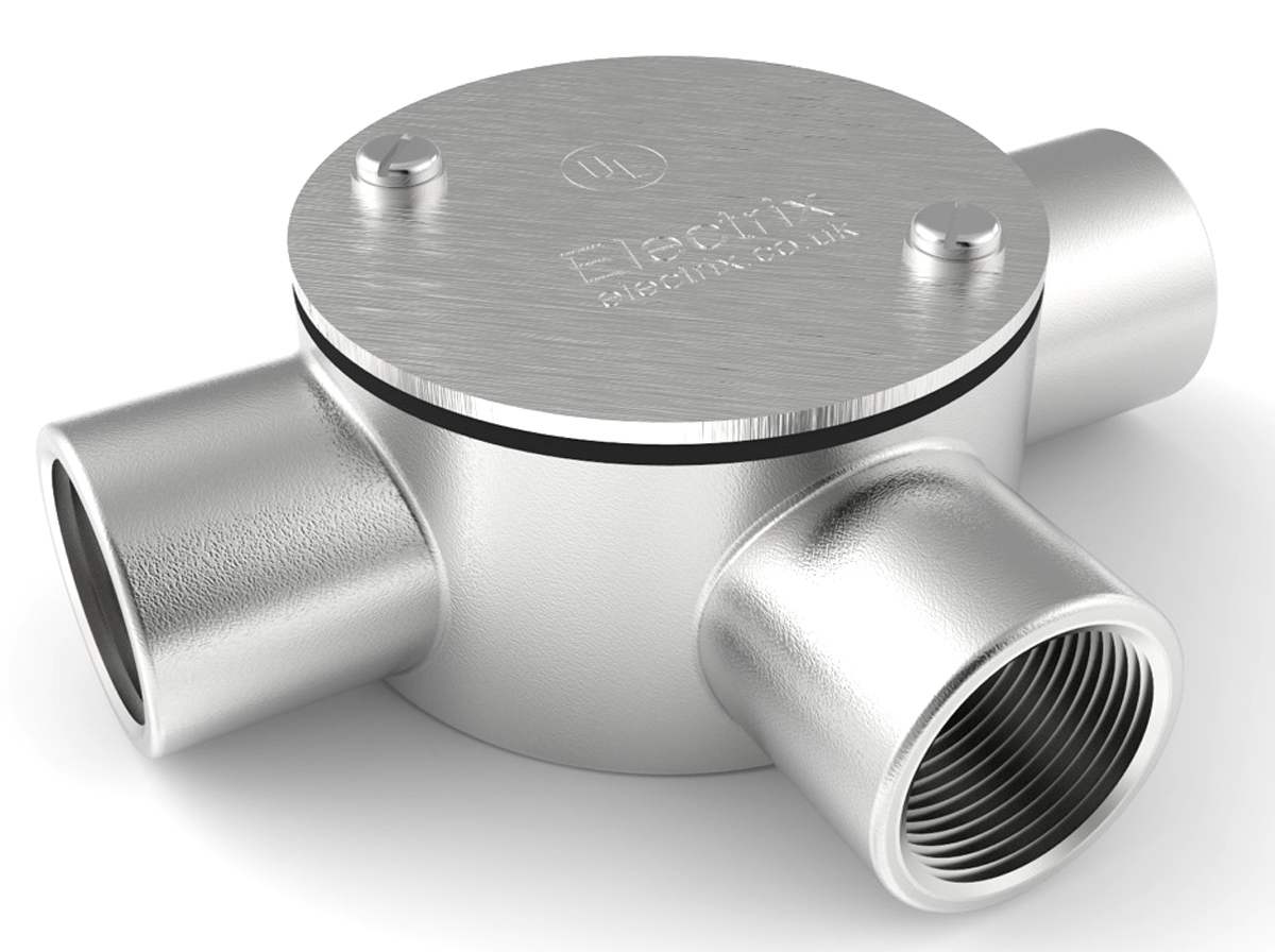 RS PRO 3 Way Tee Box, Conduit Fitting, 25mm Nominal Size, 316 Stainless Steel, Silver IP67 rating
