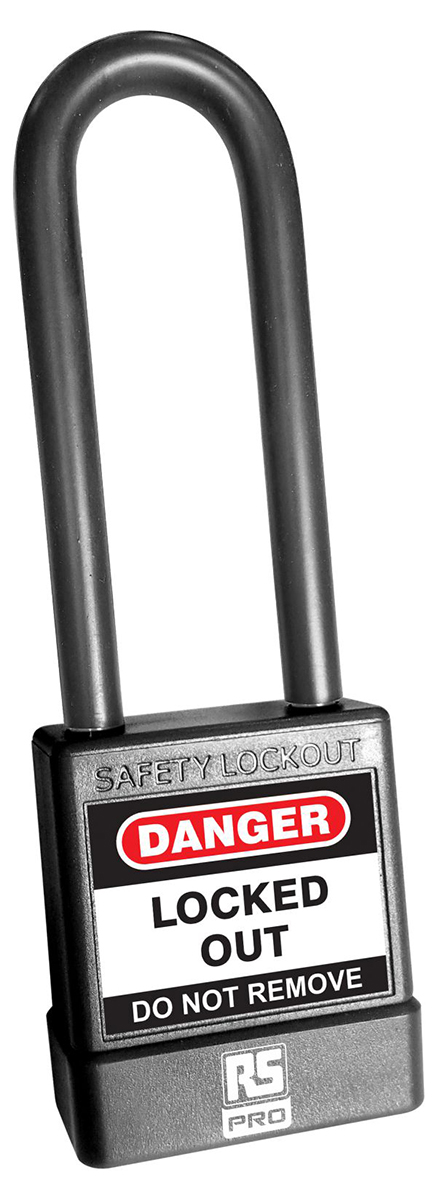 RS PRO Black ABS, Steel, PVC Safety Lockout Padlocks, 6mm Shackle, 75mm Attachment