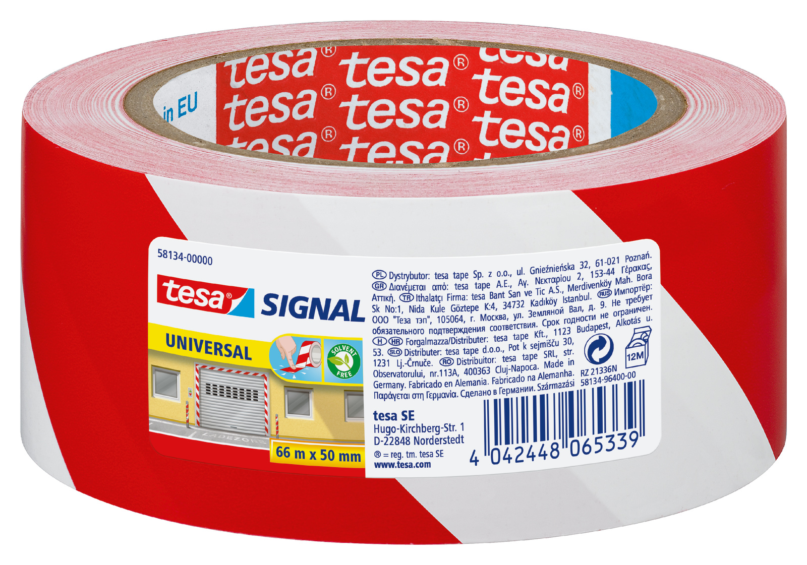 Tesa 58134 Red/White PP 66m Hazard Tape, 0.052mm Thickness