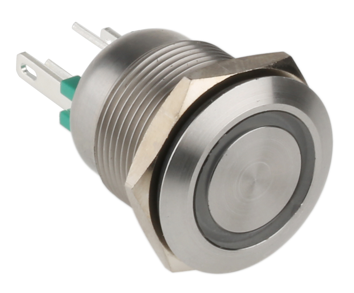 Bulgin MPI002 Series Illuminated Push Button Switch, Momentary, Panel Mount, 19.2mm Cutout, SPST, Green LED, 6V dc, IP66