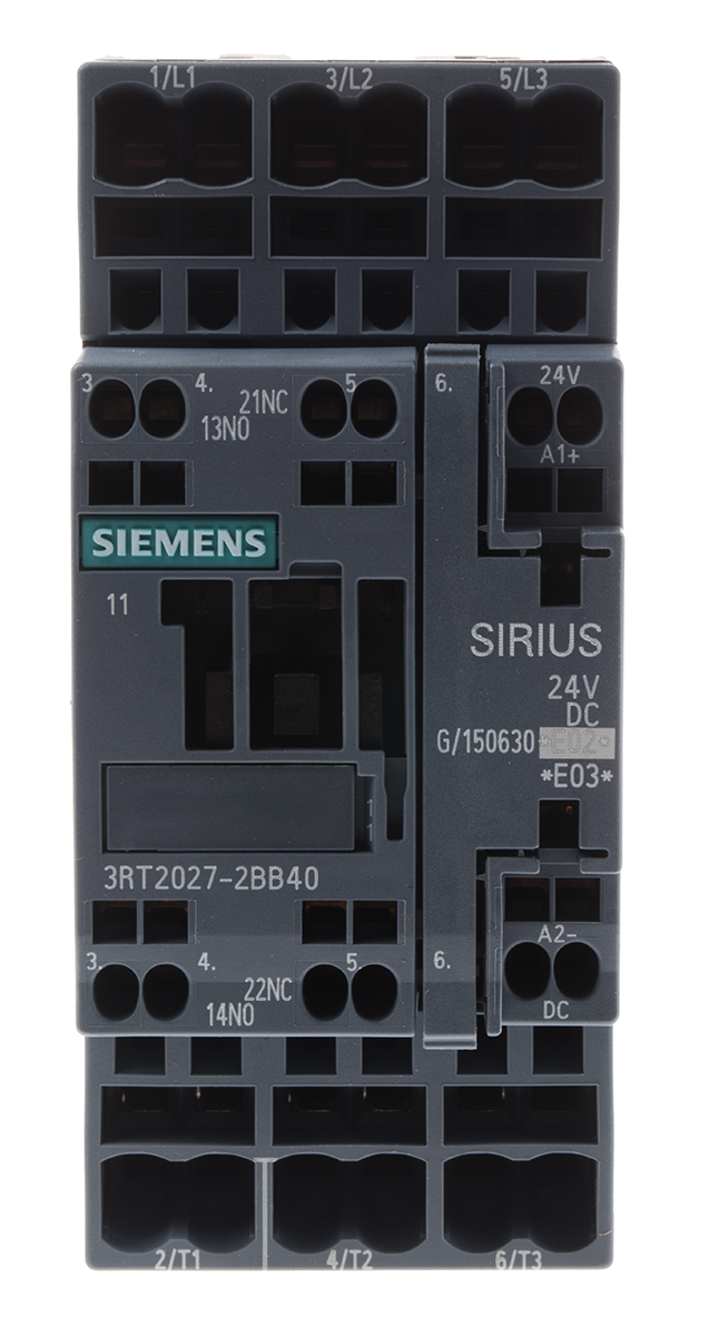 Siemens SIRIUS 3RT Size S0, 3RT2 Contactor, 24 V dc Coil, 3-Pole, 32 A, 15 kW, 3NO, 400 V ac