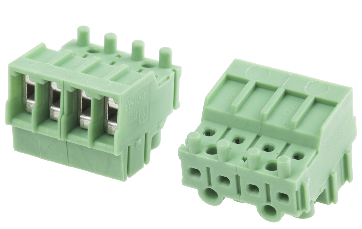 Phoenix Contact, 3.5mm Pitch, PT 1.5/ 4-PVH-3.5, 4 Way, Pluggable Terminal Block, Plug, Cable Mount, Screw Termination,