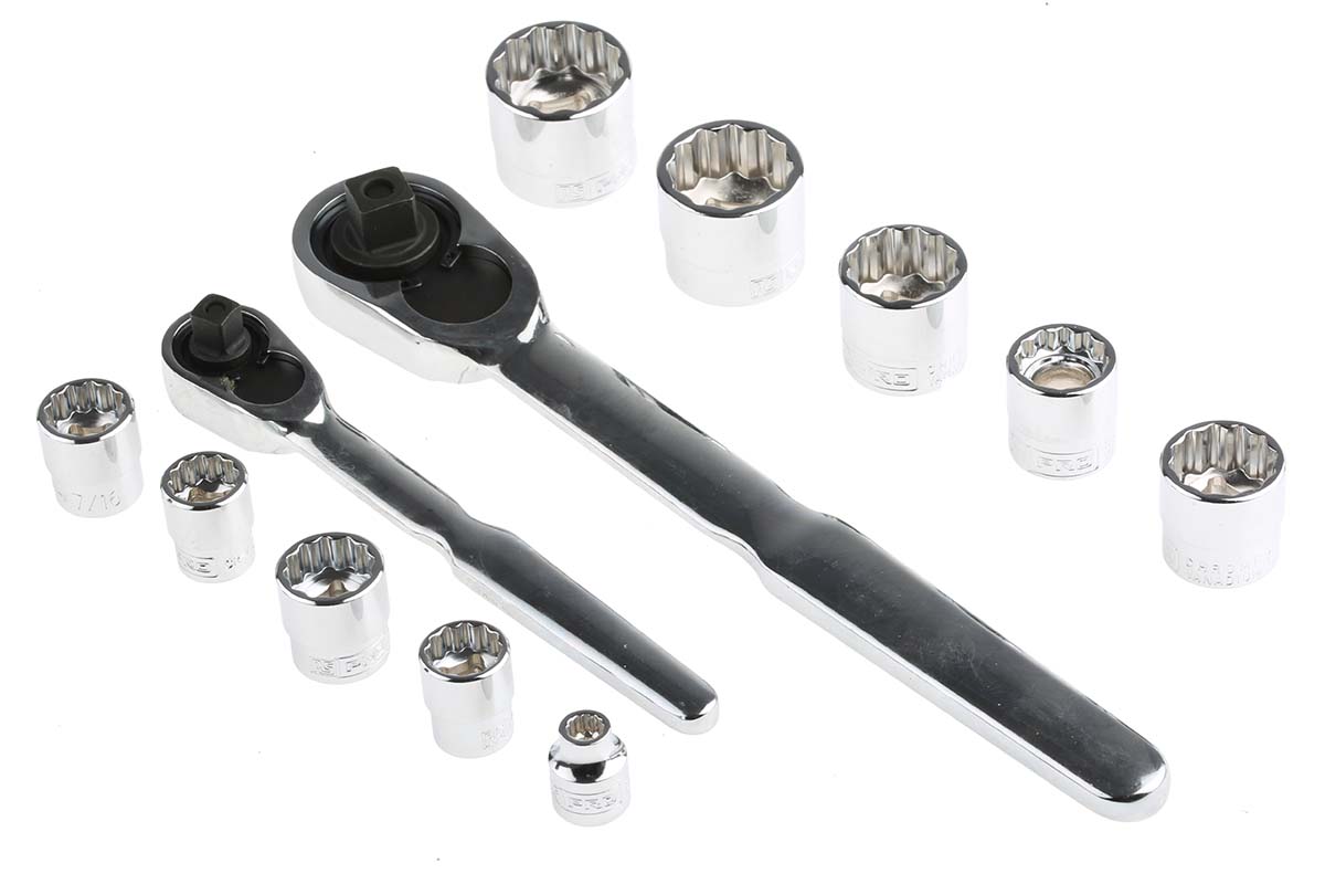 RS PRO 35-Piece Imperial, Metric 1/4 in; 3/8 in Standard Socket Set with Ratchet, 12 point