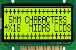 Midas MC41605B6W-SPTLY-V2 Alphanumeric LCD Display, Black on Yellow/Green, 4 Rows by 16 Characters, Transflective