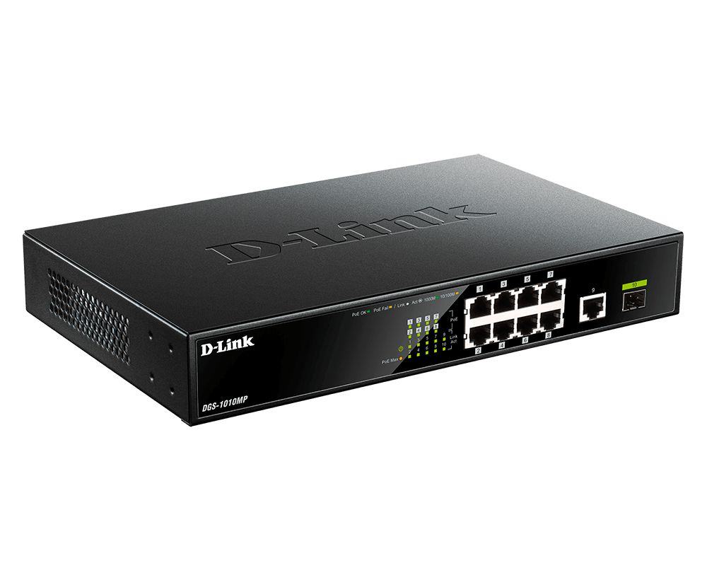 D-Link Desktop Gigabit PoE+ Switch with 1 x SFP port and 1 x Gigabit Uplink Port, Unmanaged 10 Port Network Switch With