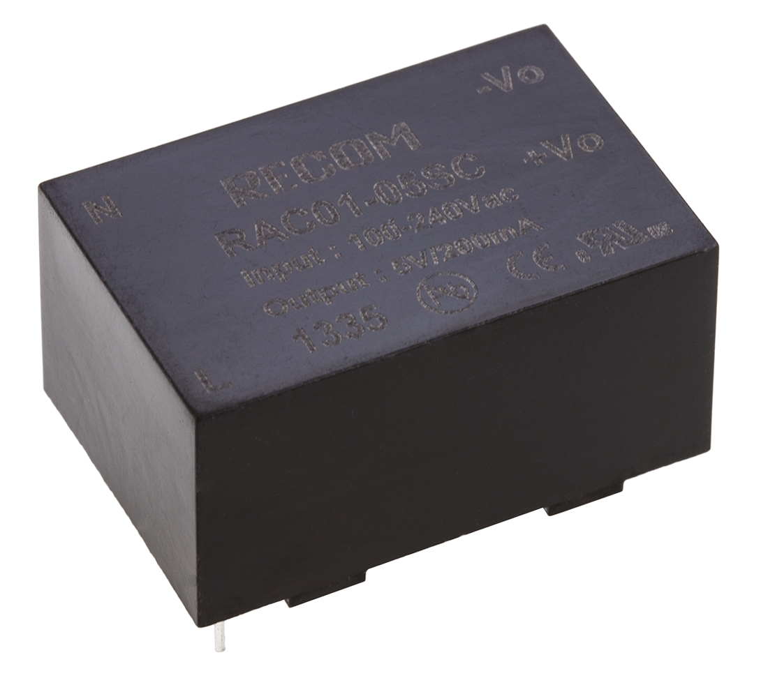 Recom Switching Power Supply, RAC01-05SC, 5V dc, 200mA, 1W, 1 Output, 90 → 277V ac Input Voltage