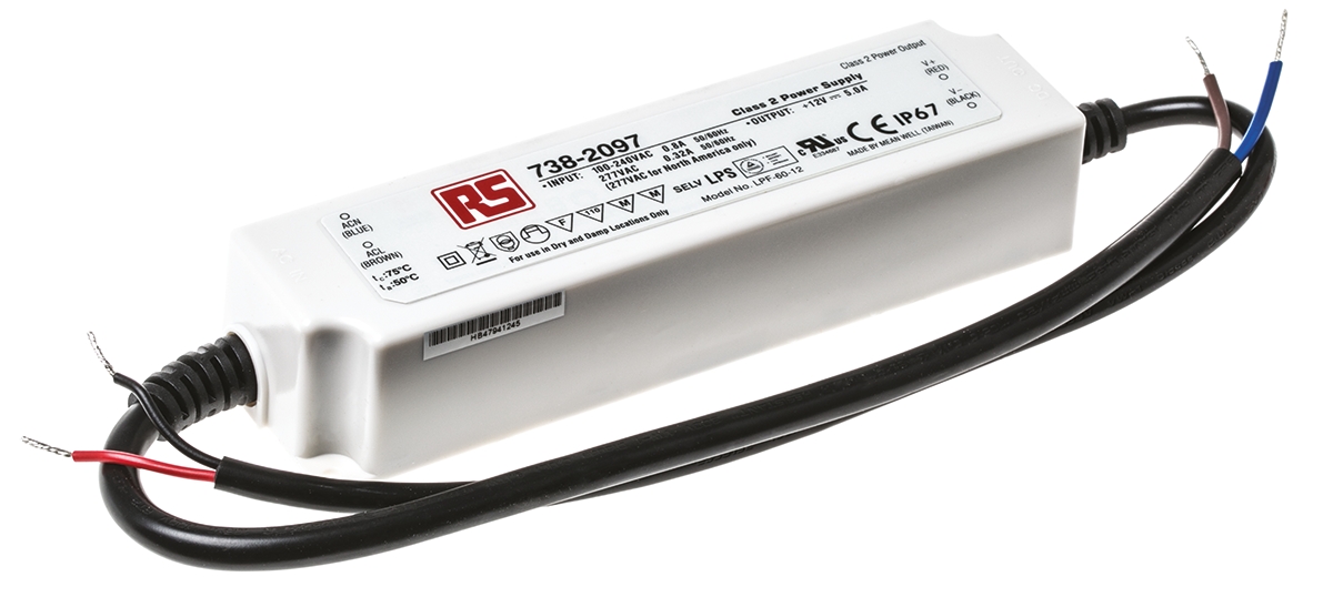 MEAN WELL LED Driver, 12V Output, 60W Output, 5A Output, Constant Voltage
