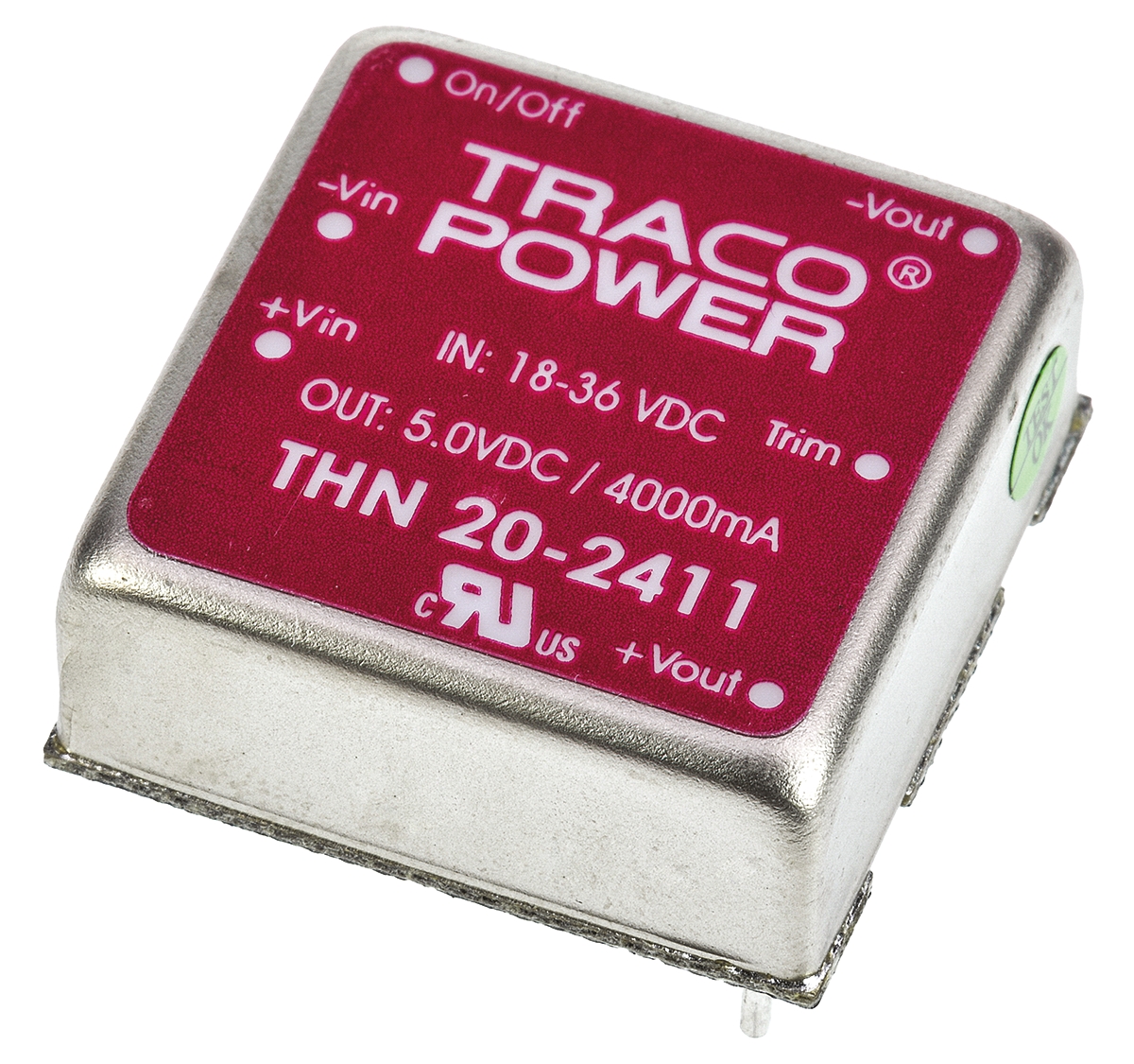 TRACOPOWER THN 20 DC-DC Converter, 5V dc/ 4A Output, 18 → 36 V dc Input, 20W, Through Hole, +85°C Max Temp -40°C
