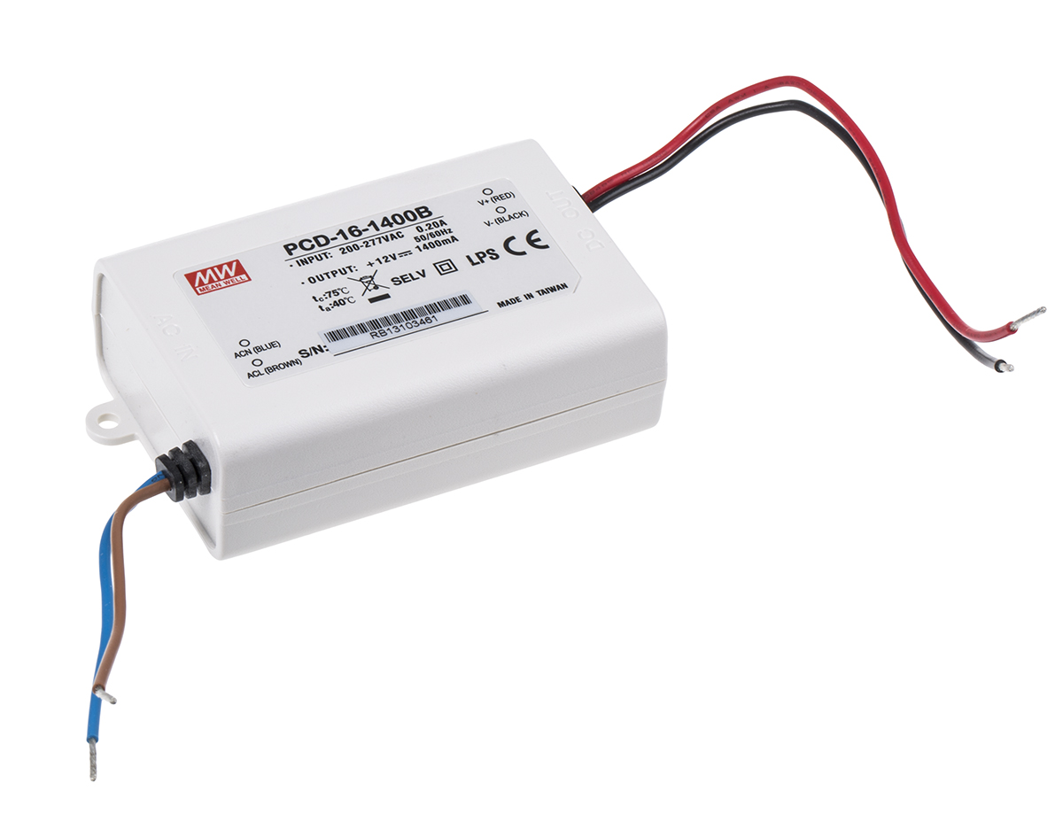 MEAN WELL LED Driver, 8 → 12V Output, 16.8W Output, 1.4A Output, Constant Current Dimmable