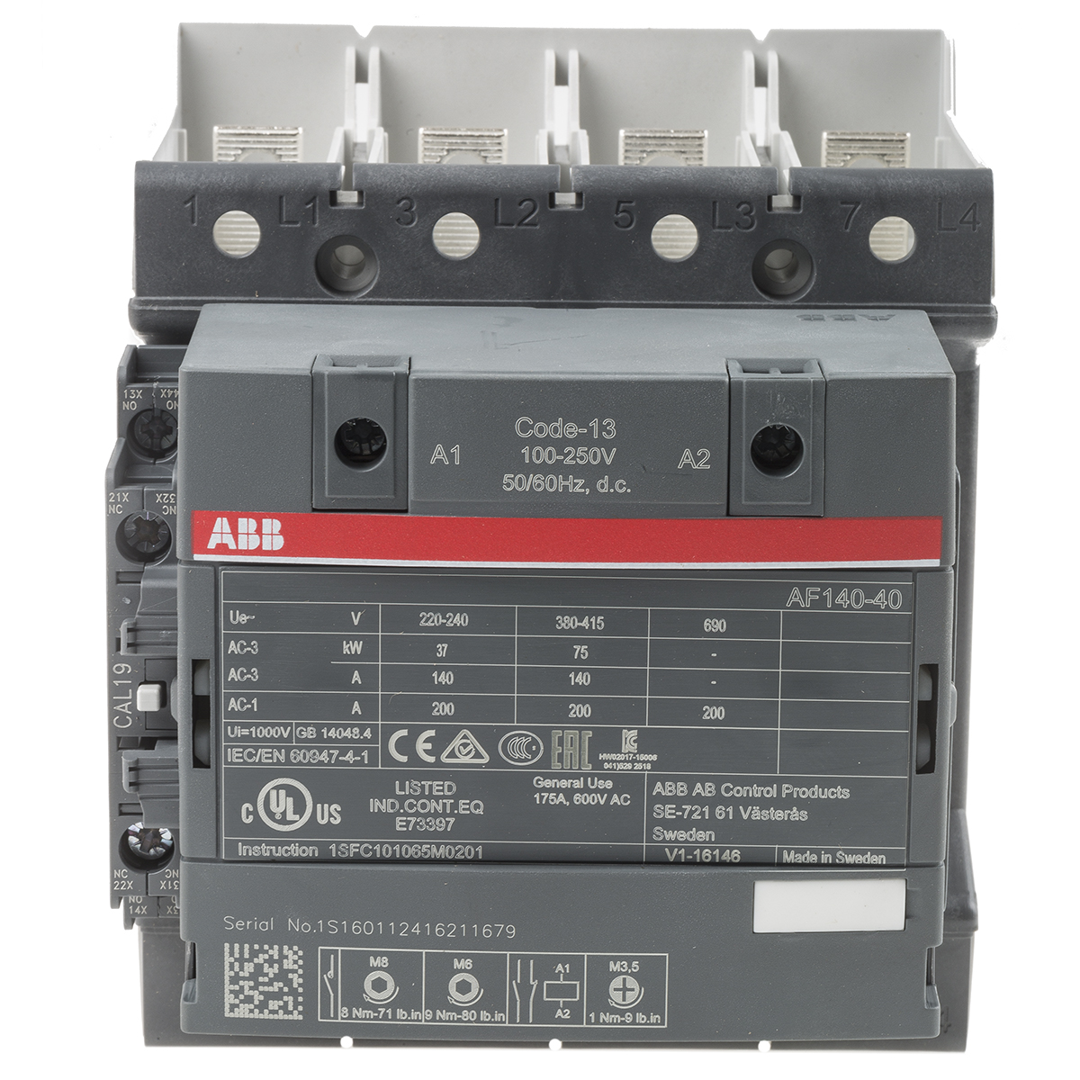 ABB AF140-40-11B-13 AF Contactor, 230 V ac Coil, 4-Pole, 200 A, 75 kW, 4NO, 690 V ac