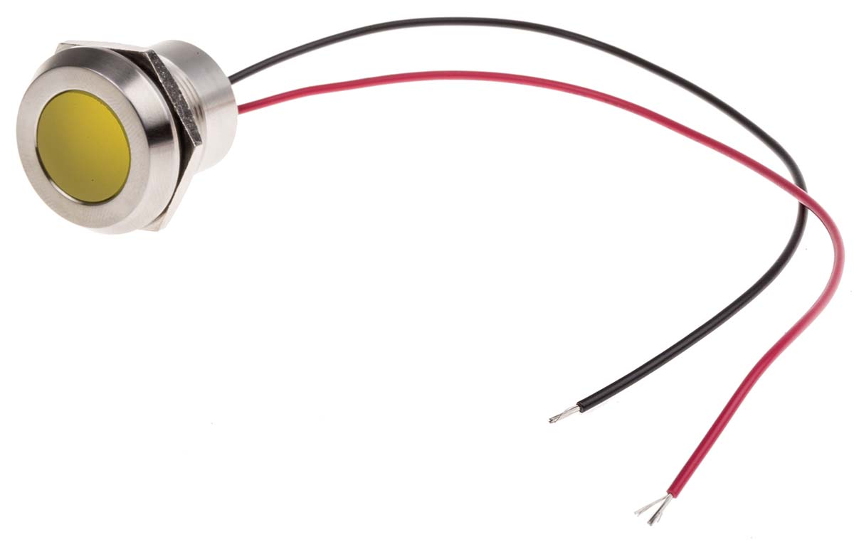 RS PRO Yellow Panel Mount Indicator, 24V dc, 22mm Mounting Hole Size, Lead Wires Termination, IP67