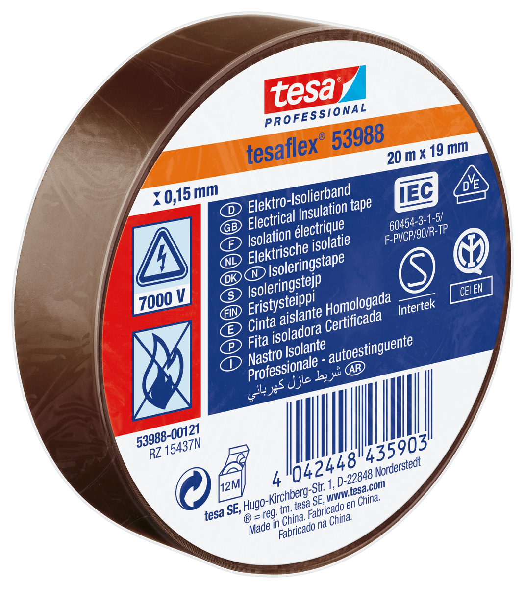 Tesa 53988 Brown Soft PVC Electrical Insulation Tape, 19mm x 20m