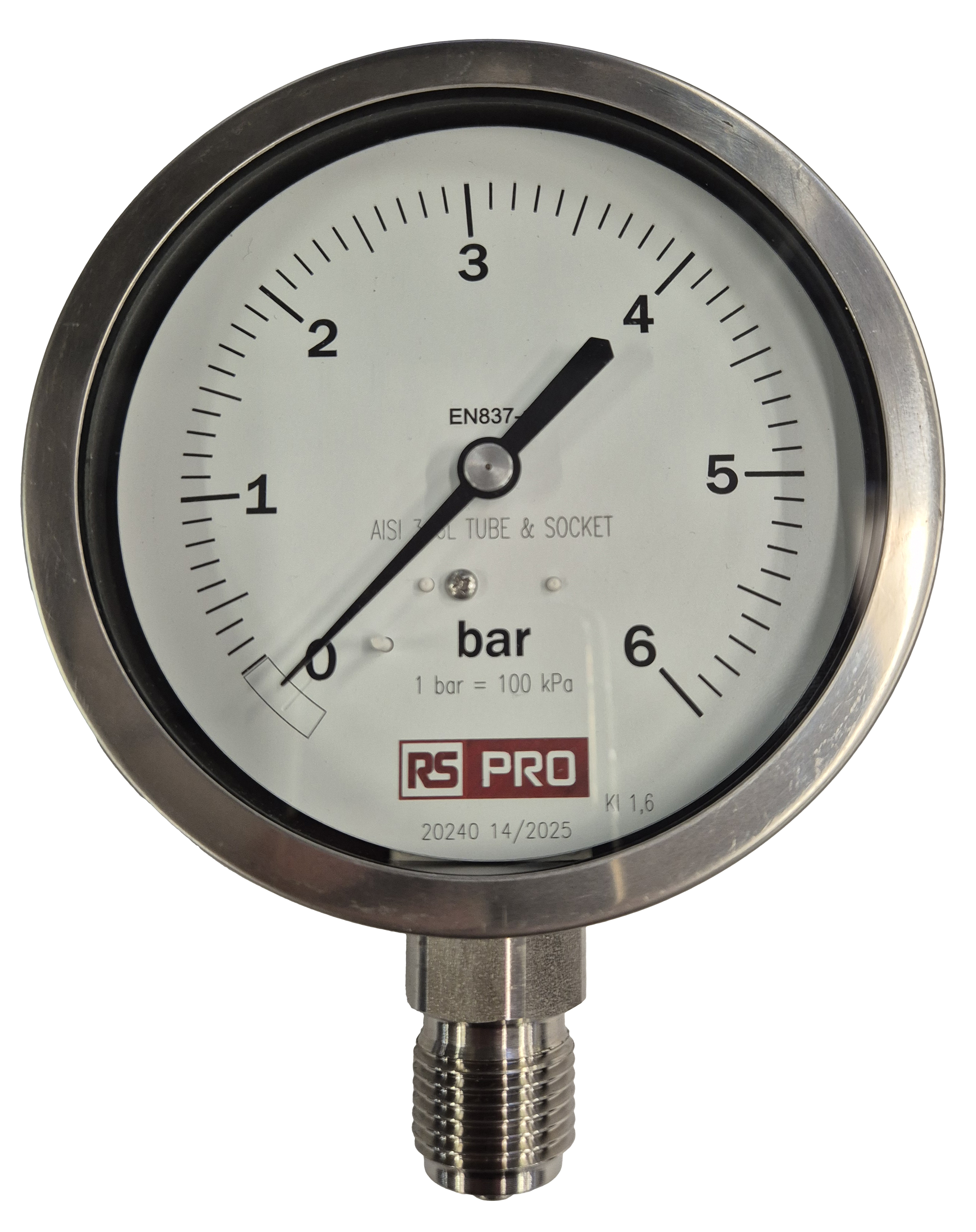 RS PRO BSP 1/2in Analogue Pressure Gauge 6bar Bottom Entry 100mm Outside Diameter