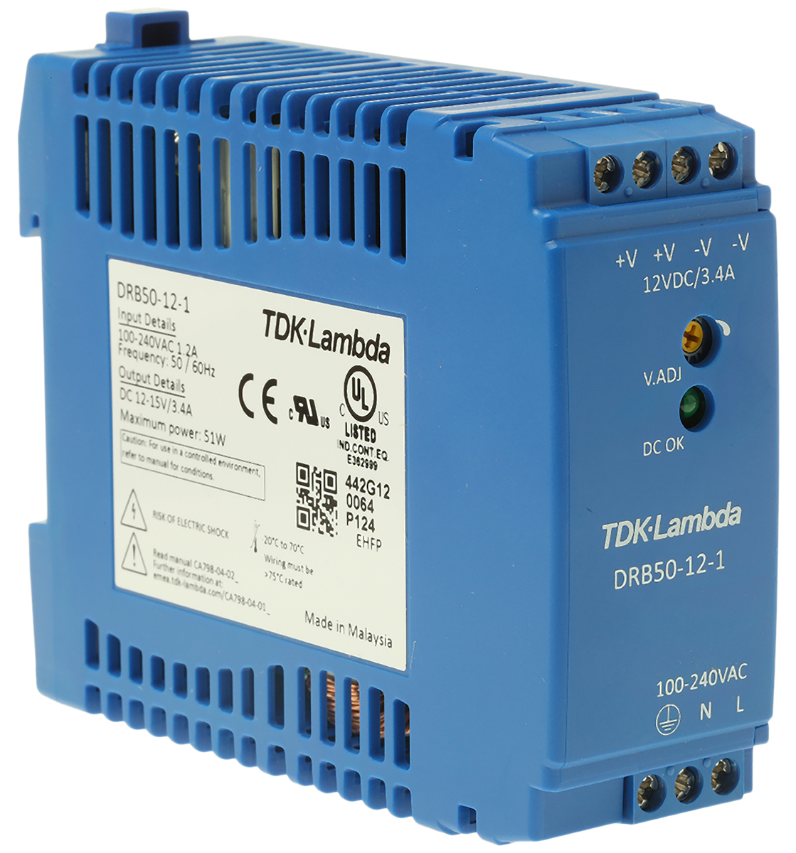 TDK-Lambda DRB Switched Mode DIN Rail Power Supply, 85 → 264V ac ac Input, 12V dc dc Output, 3.4A Output, 50W