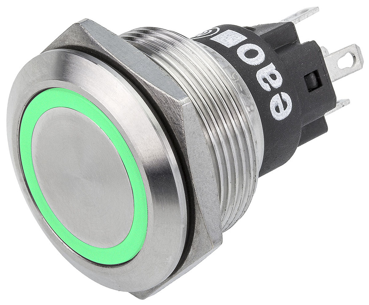EAO 82 Series Illuminated Push Button Switch, Momentary, Panel Mount, 22.3mm Cutout, SPDT, Green LED, 240V, IP65, IP67