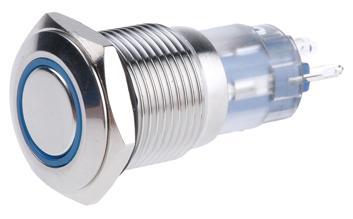 RS PRO Illuminated Push Button Switch, Momentary, Panel Mount, 16mm Cutout, SPDT, Blue LED, 250V ac, IP65, IP67