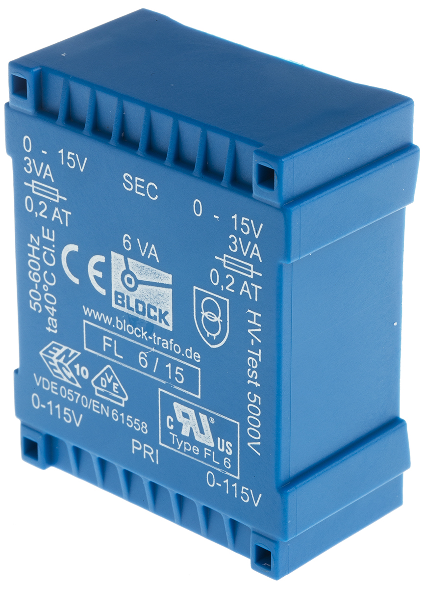 Block 15V ac 2 Output Through Hole PCB Transformer, 6VA