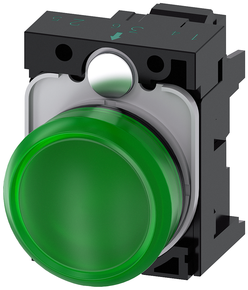 Siemens, SIRIUS ACT 3SU11, Panel Mount Green LED Indicator, 22mm Cutout, Round, 110V ac