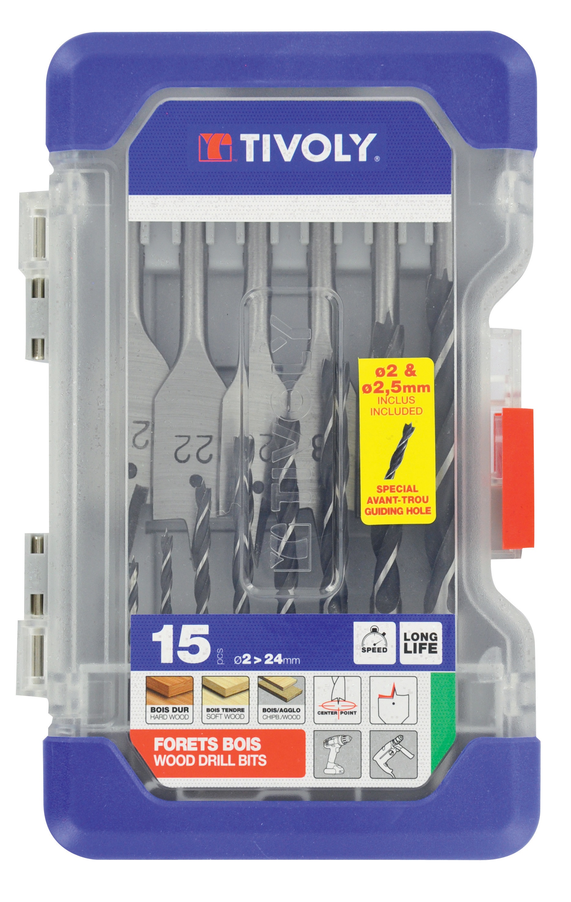 Tivoly 15-Piece Wood Drill Bit Set for Wood, 22mm Max, 2mm Min