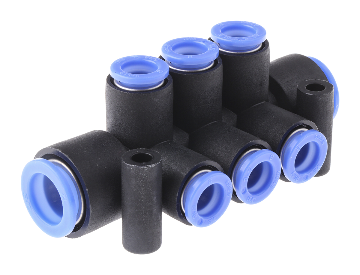 6 Outlet Ports PBT Pneumatic Manifold Tube-to-Tube Fitting, Push In 8 mm