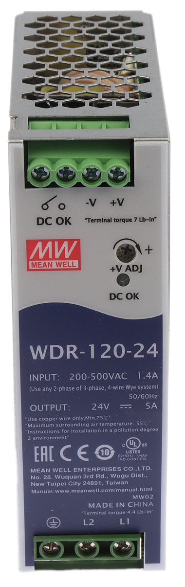 MEAN WELL WDR Switched Mode DIN Rail Power Supply, 180 → 550V ac ac Input, 24V dc dc Output, 5A Output, 120W