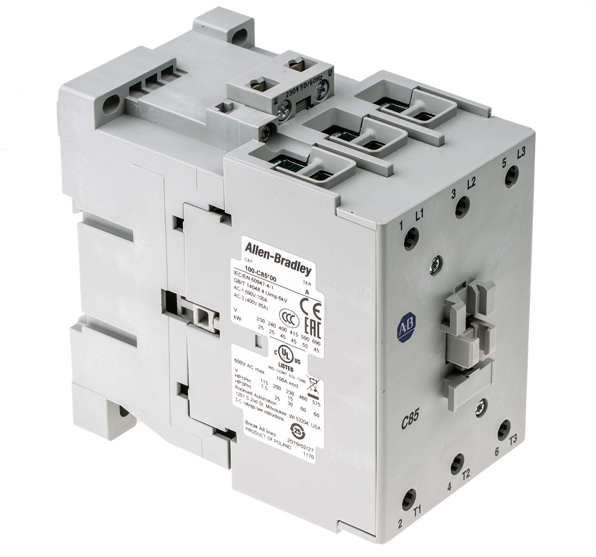 Allen Bradley 100 Series 100C Contactor, 230 V ac Coil, 3-Pole, 85 A, 45 kW, 3NO, 690 V ac